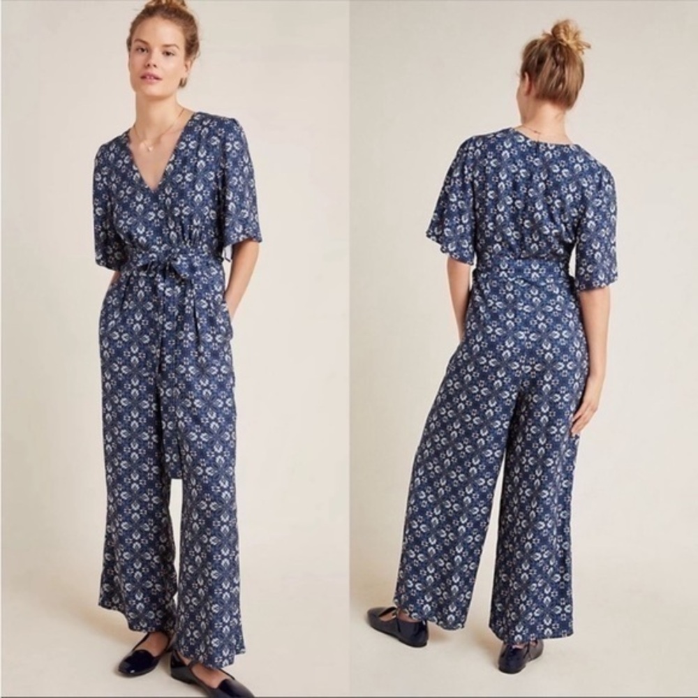 Anthropologie Navy Blue Floral Jumpsuit